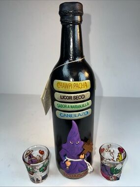 Black Bottle with Purple Figure & Shot Glasses - Ecuador